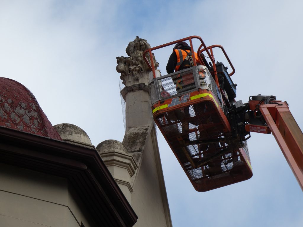 Platform Inspection of damaged turret, Ruthven Mansions
